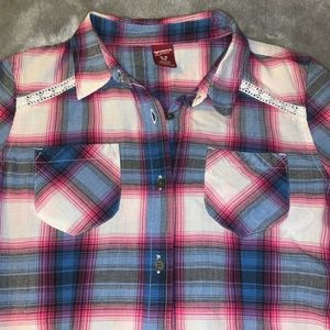 Arizona Jean Co Plaid Long Sleeve Button Down Shirt Top Pink Blue Girls Size XL